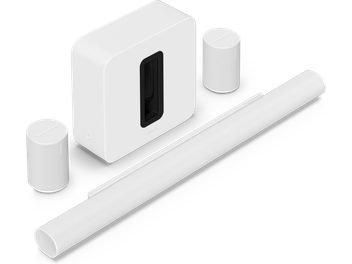 Barre de son ARC Ultra, Sub (Gen4) et Era 100, vue de dessus, forme rectangulaire et cylindrique, couleur blanc mat