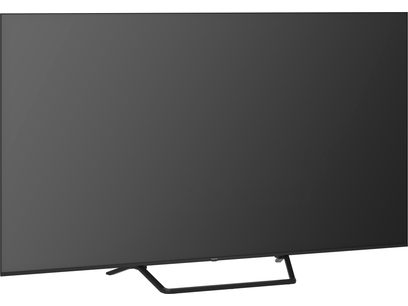 Panasonic TV-75W95BEG high-definition television in black, flat glass screen with thin plastic frame mounted on a tubular metal stand, three-quarter front left view