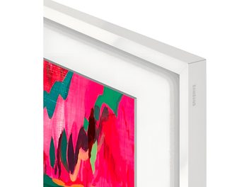 Cadre Samsung The Frame 65 pouces blanc en métal mat, vue en angle sur l’angle supérieur droit avec bord biseauté intérieur et logo gravé sur la tranche