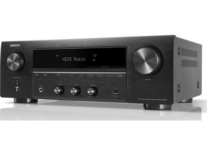 Ampli hi-fi stéréo Denon DRA-900H noir, vue de face, affichage LED "HEOS Music", boutons et molettes de réglage
