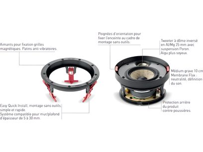 Enceinte encastrable au plafond Focal 300 ICW8, vue éclatée, aimants pour fixation grilles, médium grave 10 cm, tweeter à dôme inversé 25 mm