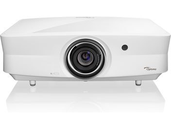 Optoma UHZ65LV hvid videoprojektor, set forfra, sort linse i midten, infrarød sensor til højre