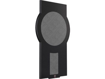 Griglia per altoparlanti Perlisten D212s, vista a tre quarti, struttura nera, ampia area circolare in tessuto grigio in alto, area rettangolare in tessuto grigio in basso, piccolo logo in basso