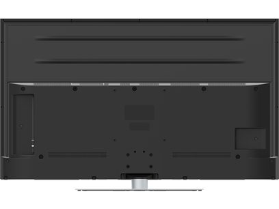 TV-50W93AE6 Panasonic, vista trasera, superficie negra, bordes finos, rejillas de ventilación, conectores a la izquierda, soporte central
