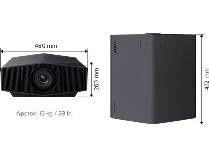 Vidéoprojecteur Sony VPL-XW5000ES noir, vue de face et de profil, dimensions 460 x 200 x 472 mm, poids approximatif 13 kg
