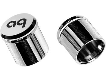 Two chrome-plated metal Audioquest XLR noise-stopper caps, one shown from the front and the other from the side, with the engraved "aq" logo