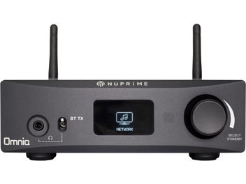 Στερεοφωνικός ενισχυτής hi-fi Nuprime Omnia WR-2, μπροστινή όψη σε ματ σκούρο γκρι, κουμπιά, οθόνη LCD, 2 μαύρες κεραίες Wi-Fi
