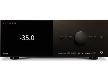 Preamplificatore home theater Anthem AVM 90 8K, pannello frontale nero opaco, display digitale, 8 pulsanti, manopola del volume in alluminio