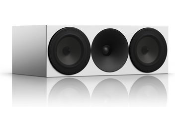 Κεντρικό ηχείο Amphion Argon 5C, μπροστινή όψη, 3 κυκλικά μαύρα ηχεία σε λευκό ορθογώνιο περίβλημα