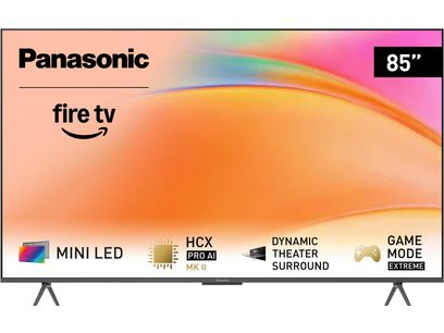 Telewizor wysokiej rozdzielczości Panasonic TV-85W95BEG 85 cali, płaski ekran z matową czarną ramką i dwoma metalowymi nogami, widok z przodu