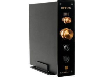Preamplificatore per cuffie Hi-Fi Hifiman EF499, vista di tre quarti, facciata nera, 2 manopole dorate, 2 prese jack, 1 interruttore