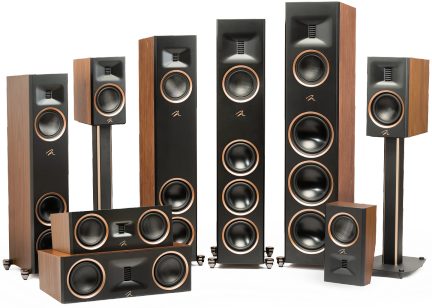 Ensemble de haut-parleurs noirs avec bordures en bois, comprenant des modèles verticaux, horizontaux et sur pied