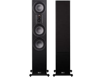 Enceinte colonne Signature 607 noir satin, vue frontale, 4 haut-parleurs visibles à gauche, panneau avant recouvert à droite