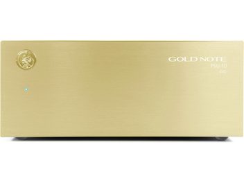 Gold Note PSU-10 EVO eraldi toiteplokk harjatud kuldse alumiiniumkorpusega, eestvaates minimalistlik ristkülikukujuline esipaneel, vasakus ülanurgas reljeefne ümmargune logo, paremal sinine LED-indikaator ja seadme nimetus