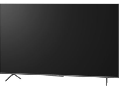 Telewizor wysokiej rozdzielczości Panasonic TV-85W95BEG w kolorze czarnym z cienką metalową ramą i dwoma kątowymi nogami, widok z trzech czwartych z przodu