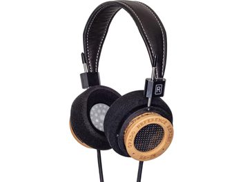 Grado RS2x Open-Back Hi-Fi Headphones, three-quarter view, black padded headband, circular wooden ear cups, metal grille