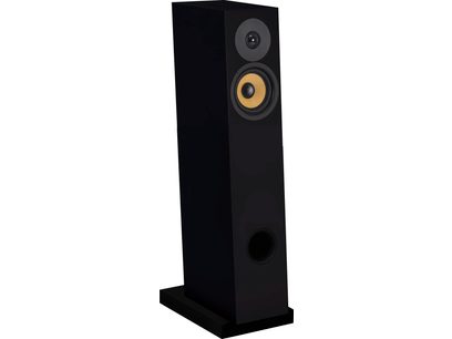 Davis Acoustics Courbet No.4 Floorstanding Speaker in Matte Black, perspective view, front with circular tweeter, yellow driver, and round bass reflex port