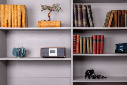 Bibliothèque grise vue de face, sur l’étagère centrale un poste radio rectangulaire à cadre bois clair et façade tissu gris avec petit écran noir et boutons blancs, encadré de livres reliés anciens, d’une céramique bleue et de figurines d’éléphants noires