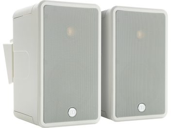 To udendørs højttalere fra Monitor Audio Climate 50 i hvid, rektangulær form med afrundede hjørner og metalgitter på forsiden