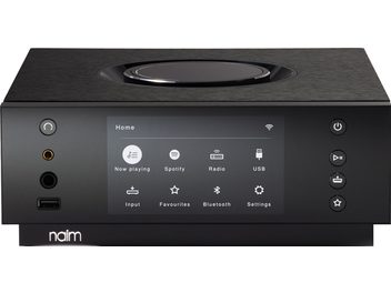 Naim Uniti Atom must peakuulari eelvõimendi, esivaatest, ekraaniga, juhtimisrattaga, pordid ja funktsiooninäidikud