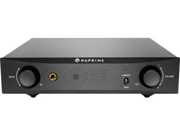 Nuprime PRA-9X black stereo preamplifier, front view, with input, source selector, fixed/variable volume, and output