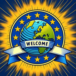 Ümmargune sinine ja kollane embleem tähtede, stiliseeritud maakera ja tekstiga "WELCOME" kollase kiirguva taustaga