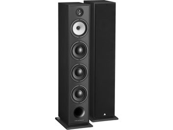 Enceinte colonne Triangle Borea BR09 noir laqué, vue de face, 4 haut-parleurs ronds, tweeter au sommet, façade noire
