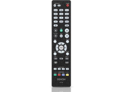Télécommande noire Denon RC-1253 avec boutons gris et rouges, vue de face