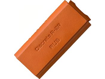 Three-quarter view of a Cayin case in orange grained leather for RU6, rigid rectangular shape with embossed “Discrete R-2R RU6” marking on the front