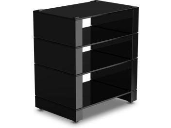 Έπιπλο Hi-Fi Monitor Audio Blok Stax 2G, θέα από τρία τέταρτα, μαύρη δομή, τρία ράφια, τετράγωνες βάσεις
