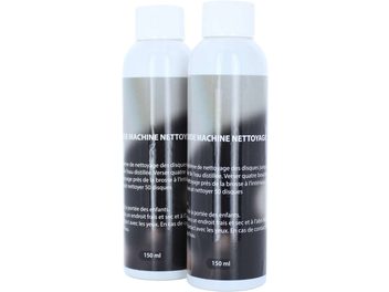 Two white bottles of Enova HIFI LMN 20 vinyl cleaning fluid, black labels, white background