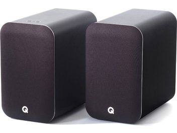 Deux enceintes Q Acoustics M20 noires, rectangulaires aux coins arrondis, vues de face, côte à côte