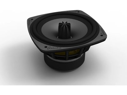Altavoz de piso GoldenEar Triton Three+ negro, vista superior de cerca, rejilla redonda con tweeter central
