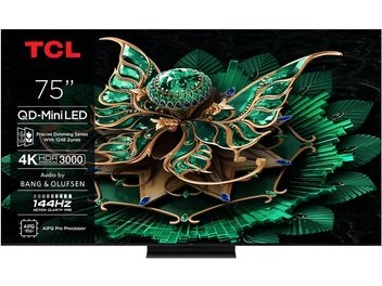 Téléviseur haute définition TCL 75C7K noir à cadre mince en métal avec socle central discret, écran 75 pouces affichant un motif vert et doré, vue de face