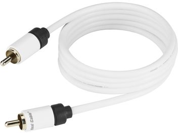 Hvidt Real Cable SUB-1 lydkabel på 5 meter med sorte og forgyldte RCA-stik, der danner en løs løkke
