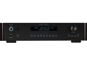 Rotel RC-1572 MKII Stereo Preamplifier Black, Front View, Central Digital Display, Circular Buttons, USB Port, Headphone Jack