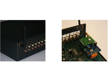 Due viste di una scheda audio elettronica con componenti, connettori RCA dorati e modulo Wi-Fi su circuito stampato verde
