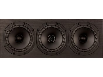 Enceinte centrale Fyne Audio F5E LCR, vue de face, trois haut-parleurs circulaires noirs, boîtier rectangulaire bois sombre