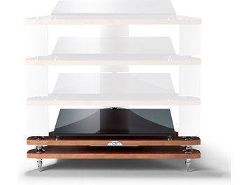 Έπιπλο Hi-Fi Naim Audio Fraim με ξύλινη βάση και μαύρο πικάπ βινυλίου σε γυάλινα ράφια, μπροστινή όψη