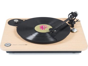 Elipson Chroma 400 ozola hi-fi vinila atskaņotājs, melns, uz gaiša koka paliktņa, krēmkrāsas vinila plates, skats no augšas
