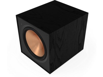 Klipsch R-121SW must bassikõlar, esivaatest, kuupkujuline, vasest ümmargune kõlar keskel, must puidulaadne viimistlus