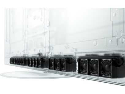 Téléviseur haute définition Panasonic TV-65Z95AEG, vue de côté, rangée de haut-parleurs noirs intégrés en bas