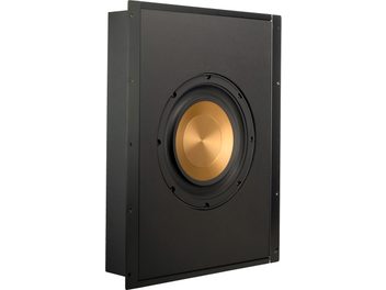 Klipsch PRO-1000SW black subwoofer, front view, vertical rectangular shape, round golden speaker in the center behind circular black grill