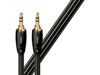 Due cavi audio Audioquest Tower Jack/mini-Jack da 2m neri con connettori placcati oro, visti frontalmente su sfondo bianco