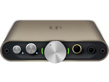 Bærbar lydkonverter iFi Audio Hip DAC 3, mørkegråt aluminiumskabinet, forside med jackstik og LED