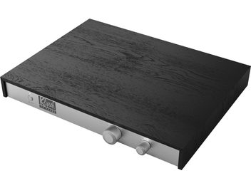 Klipschorn active crossover en vue de dessus, boîtier rectangulaire noir texturé avec façade argentée et deux boutons rotatifs
