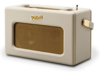 Radio de table Roberts Revival iStream 3L crème en simili-cuir grainé, grande grille avant métallique dorée, logo doré, deux boutons supérieurs assortis avec antenne télescopique, fixation de sangle latérale dorée, vue avant trois-quarts droite