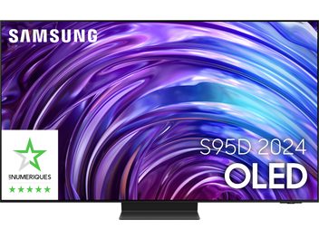 Samsung F-TQ65S95D-BF, écran plat, vue de face, motifs abstraits violets et bleus, logo en haut à gauche, texte en bas à droite