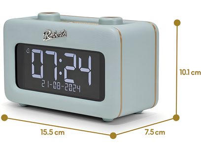 Radio Roberts Revival Rest zilā debesszila krāsā, ar gludu plastmasas korpusu ar noapaļotām malām un zelta apmali, trīs ceturtdaļu skats no labās puses priekšā, lielu melnu ciparu displeju un divām apaļām pogām uz virsas