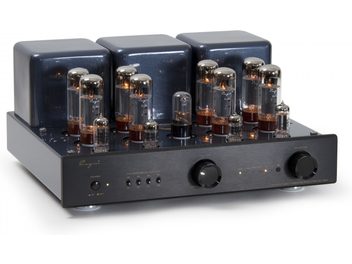 Cayin CS-100A EL34 black stereo tube integrated amplifier, black metal chassis with exposed glass tubes, three square transformer blocks at the rear, two large rotary knobs and LED indicators on the front panel, three-quarter front view